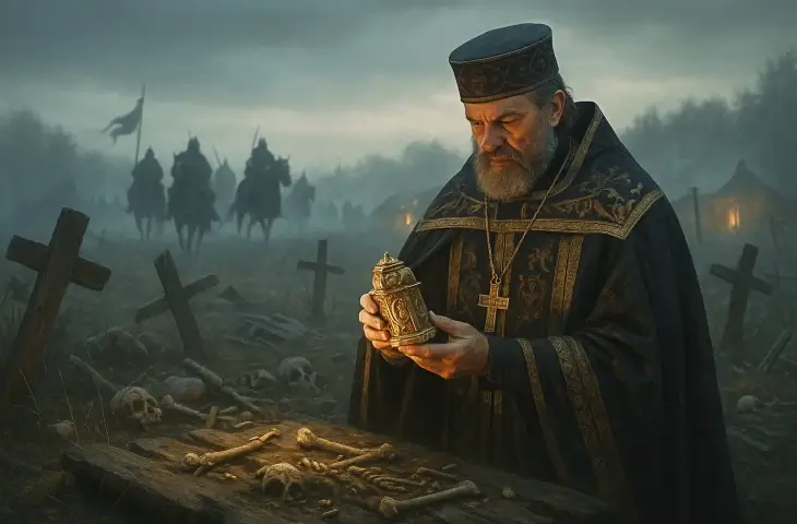 Bir Bizans piskoposunun yağmaladığı Hun mezarındaki kemikler ve eşyalar üzerinde durup kutsal bir kap incelemesi; arkada yaklaşan Hun atlılarının siluetleri görülüyor.